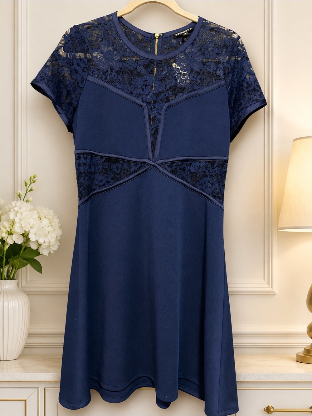 Navy Lace Accent Fit & Flare Dress Size Medium